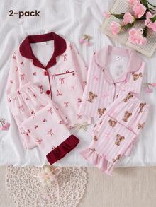 SHEIN Sweet Style Cherry & Bow Print Long Sleeve Cardigan And Pants 2 Pieces Set, Casual Comfortable Loungewear For Young Girl - Multicolor - View 9