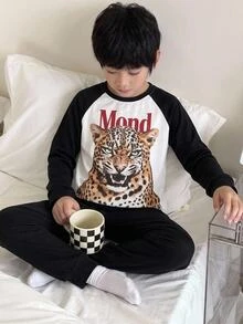 SHEIN Tween Boy Contrast Color Animal Print Crew Neck Long Sleeve Long Pants Casual Comfortable Slim Fit Loungewear Pajama Set 2pcs - Black and White - View 7