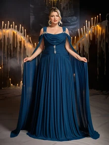 Glamrae Plus Size Elegant Fashion Blue-Green Elastic Mesh Fabric Extra Long Flutter Sleeve Cowl Neck Pleated Design Rhinestone Chain Decor A-Line Maxi Dress, Suitable For Vacation, Prom, Formal Dinner, Wedding Event, Bridesmaid Dress - Teal Blue - View 9