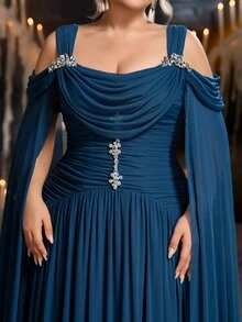 Glamrae Plus Size Elegant Fashion Blue-Green Elastic Mesh Fabric Extra Long Flutter Sleeve Cowl Neck Pleated Design Rhinestone Chain Decor A-Line Maxi Dress, Suitable For Vacation, Prom, Formal Dinner, Wedding Event, Bridesmaid Dress - Teal Blue - View 8