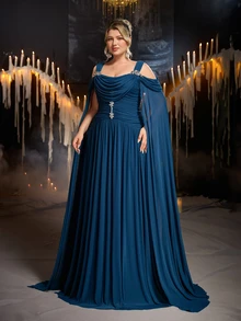 Glamrae Plus Size Elegant Fashion Blue-Green Elastic Mesh Fabric Extra Long Flutter Sleeve Cowl Neck Pleated Design Rhinestone Chain Decor A-Line Maxi Dress, Suitable For Vacation, Prom, Formal Dinner, Wedding Event, Bridesmaid Dress - Teal Blue - View 7