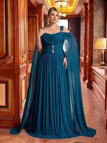 Glamrae Plus Size Elegant Fashion Blue-Green Elastic Mesh Fabric Extra Long Flutter Sleeve Cowl Neck Pleated Design Rhinestone Chain Decor A-Line Maxi Dress, Suitable For Vacation, Prom, Formal Dinner, Wedding Event, Bridesmaid Dress - Teal Blue - View 3