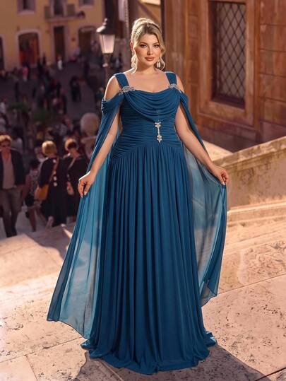 Glamrae Plus Size Elegant Fashion Blue-Green Elastic Mesh Fabric Extra Long Flutter Sleeve Cowl Neck Pleated Design Rhinestone Chain Decor A-Line Maxi Dress, Suitable For Vacation, Prom, Formal Dinner, Wedding Event, Bridesmaid Dress