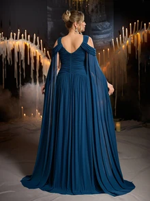 Glamrae Plus Size Elegant Fashion Blue-Green Elastic Mesh Fabric Extra Long Flutter Sleeve Cowl Neck Pleated Design Rhinestone Chain Decor A-Line Maxi Dress, Suitable For Vacation, Prom, Formal Dinner, Wedding Event, Bridesmaid Dress - Teal Blue - View 2