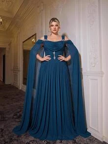 Glamrae Plus Size Elegant Fashion Blue-Green Elastic Mesh Fabric Extra Long Flutter Sleeve Cowl Neck Pleated Design Rhinestone Chain Decor A-Line Maxi Dress, Suitable For Vacation, Prom, Formal Dinner, Wedding Event, Bridesmaid Dress - Teal Blue - View 1