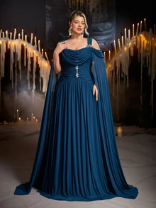 Glamrae Plus Size Elegant Fashion Blue-Green Elastic Mesh Fabric Extra Long Flutter Sleeve Cowl Neck Pleated Design Rhinestone Chain Decor A-Line Maxi Dress, Suitable For Vacation, Prom, Formal Dinner, Wedding Event, Bridesmaid Dress - Teal Blue - View 5