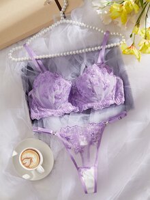 SHEIN 2 件套蓝色复古风格女士性感内衣套装 - 紫色 - 查看 3