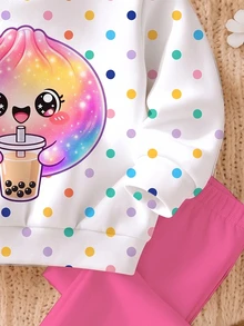 Baby Girl Casual Cute Fun Squeeze Bun Pattern, Glitter, Rhinestone Bun, Colorful Polka Dot, Sweet Cream Style, Round Neck Long Sleeve Fleece Sweatshirt & Leggings 2 Pieces Set Suitable For Autumn/Winter, Cozy, Girls Outfit Sets, Y2K, Kawaii - Multicolor - View 5