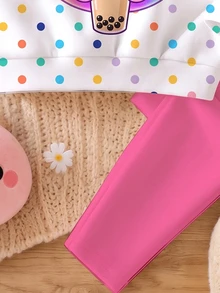 Baby Girl Casual Cute Fun Squeeze Bun Pattern, Glitter, Rhinestone Bun, Colorful Polka Dot, Sweet Cream Style, Round Neck Long Sleeve Fleece Sweatshirt & Leggings 2 Pieces Set Suitable For Autumn/Winter, Cozy, Girls Outfit Sets, Y2K, Kawaii - Multicolor - View 4