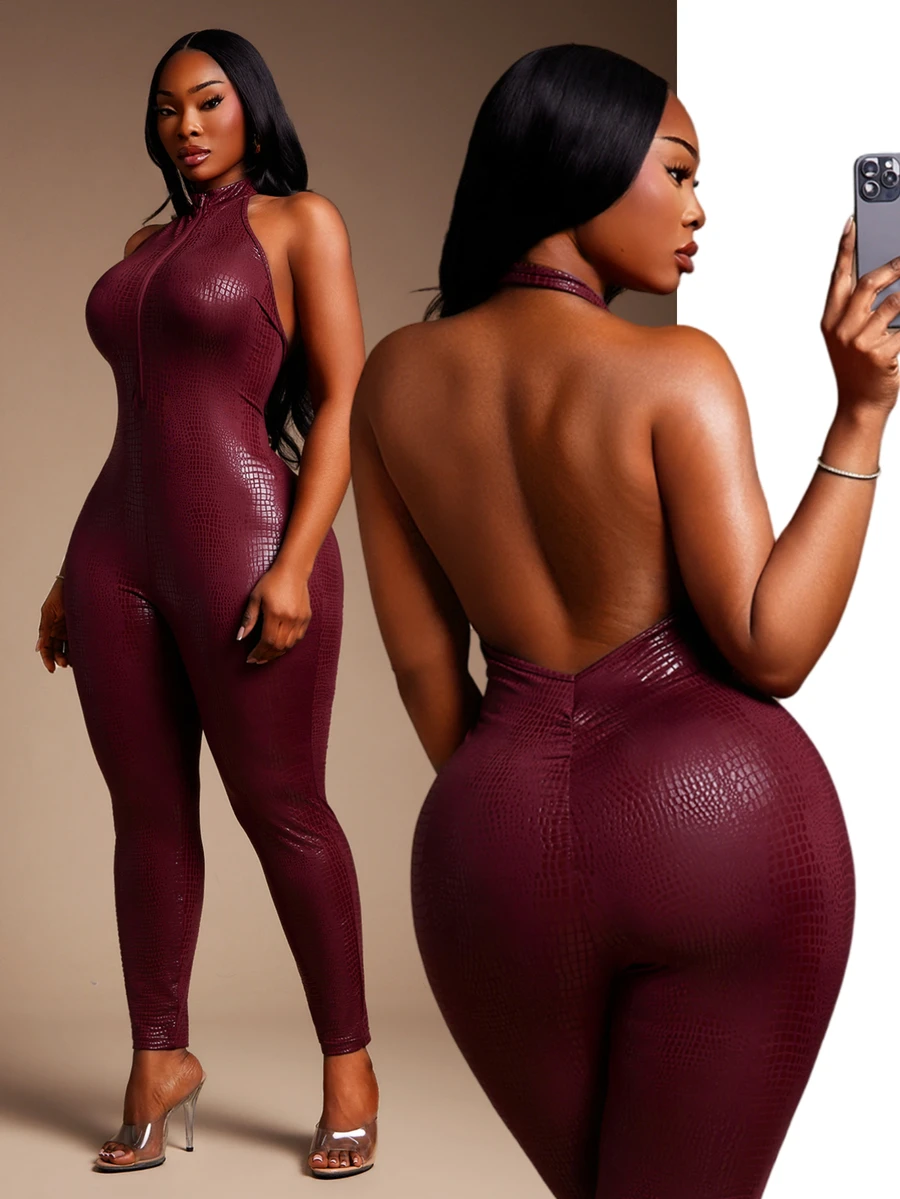SHEIN SXY Red High Elasticity PU Deep V Neck Backless Sleeveless Tight Jumpsuit - Red - View 1