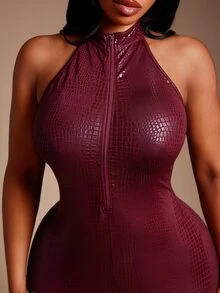 SHEIN SXY Red High Elasticity PU Deep V Neck Backless Sleeveless Tight Jumpsuit - Red - View 7
