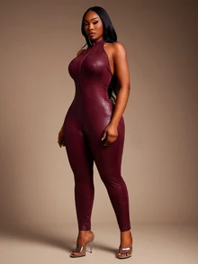SHEIN SXY Red High Elasticity PU Deep V Neck Backless Sleeveless Tight Jumpsuit - Red - View 5