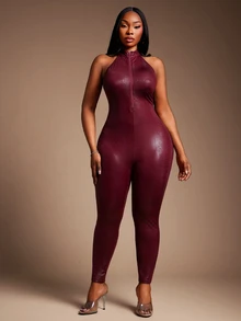 SHEIN SXY Red High Elasticity PU Deep V Neck Backless Sleeveless Tight Jumpsuit - Red - View 4