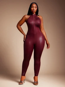 SHEIN SXY Red High Elasticity PU Deep V Neck Backless Sleeveless Tight Jumpsuit - Red - View 8