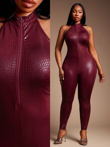 SHEIN SXY Red High Elasticity PU Deep V Neck Backless Sleeveless Tight Jumpsuit - Red - View 2