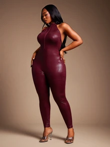 SHEIN SXY Red High Elasticity PU Deep V Neck Backless Sleeveless Tight Jumpsuit - Red - View 3