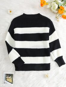 SHEIN 女童小女孩針織條紋圓領花卉拼接休閒秋季毛衣 - 彩色 - 查看 5
