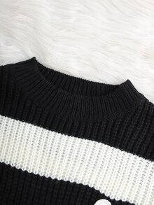 SHEIN 女童小女孩針織條紋圓領花卉拼接休閒秋季毛衣 - 彩色 - 查看 7