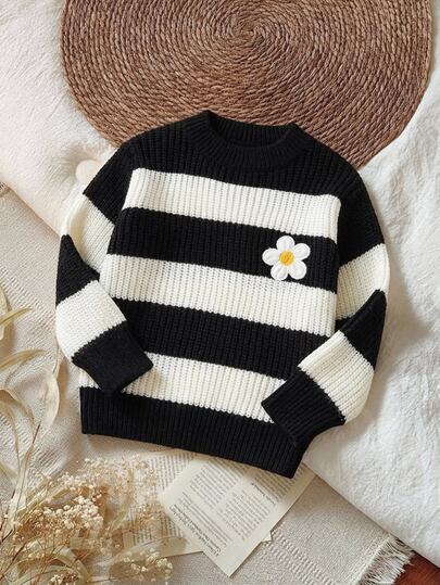 SHEIN Young Girl Knitted Striped Round Neck Floral Patchwork Casual Sweater