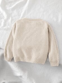 SHEIN 女童純色針織圓領花瓣袖休閒開襟毛衣 秋冬針織衫 - 杏色 - 查看 4