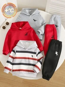 SHEIN 6pcs Baby Boy Autumn/Winter Knitted Soft Hooded Long Sleeve Pullover Sweatshirt Elastic Waist Long Pants Basic Sweatshirt Set Multi-Piece Set Sports Outfit Infant Outfit Autumn/Winter Set - Multicolor - View 3