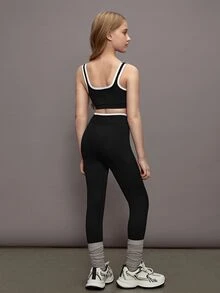 SHEIN 青少年女孩瑜伽拼接色無縫運動套裝 運動緊身褲 運動風寬鬆兩件式夏季健身套裝 運動休閒 黑白配色 - 黑與白 - 查看 3
