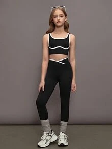 SHEIN 青少年女孩瑜伽拼接色無縫運動套裝 運動緊身褲 運動風寬鬆兩件式夏季健身套裝 運動休閒 黑白配色 - 黑與白 - 查看 6