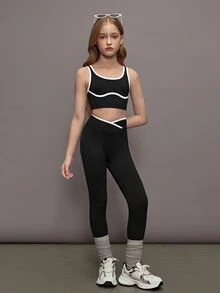 SHEIN 青少年女孩瑜伽拼接色無縫運動套裝 運動緊身褲 運動風寬鬆兩件式夏季健身套裝 運動休閒 黑白配色 - 黑與白 - 查看 5