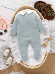 SHEIN 新生兒嬰兒毛衣式連身衣附連襪，彼得潘領 + 可愛熊緹花，長袖小紳士風，百搭日常爬行服 - 藍色 - 查看 2