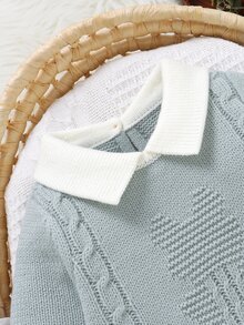 SHEIN 新生兒嬰兒毛衣式連身衣附連襪，彼得潘領 + 可愛熊緹花，長袖小紳士風，百搭日常爬行服 - 藍色 - 查看 7