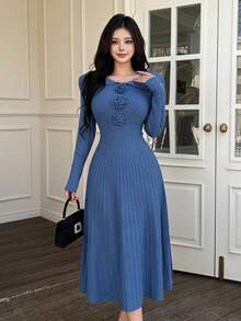 Feyla 女士优雅长袖针织连衣裙，3D花卉伞形图案，秋季 - 藍色 - 查看 1