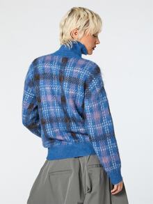Zip Up Check Jacquard Cardigan / Y2K Jumper Knitwear Fall Clothes For Women Autumn Outfits Women Casual Tops Fall Tops Winter Clothes For Women - Blue - View 3