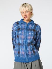 Zip Up Check Jacquard Cardigan / Y2K Jumper Knitwear Fall Clothes For Women Autumn Outfits Women Casual Tops Fall Tops Winter Clothes For Women - Blue - View 5