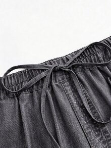 SHEIN Holidaya 女款休閒錐形牛仔印花長褲，夏季休閒度假褲，標準版慢跑褲，彈性腰帶，斜口袋，抽繩繫帶，返校長褲，女款通勤穿搭長褲，假日穿搭長褲，度假穿搭長褲，外出穿搭長褲 - 深灰色 - 查看 5
