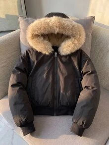 SHEIN 青少年女孩長袖抓絨時尚休閒街頭風寬鬆短版連帽填充外套，寬鬆舒適，秋冬日常通勤工作穿搭，黑色 - 彩色 - 查看 5