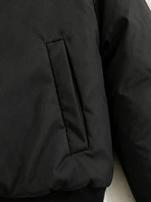 SHEIN 青少年女孩長袖抓絨時尚休閒街頭風寬鬆短版連帽填充外套，寬鬆舒適，秋冬日常通勤工作穿搭，黑色 - 彩色 - 查看 4