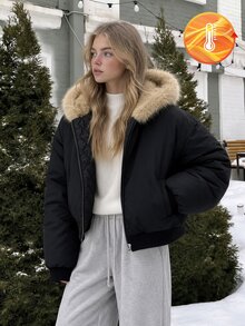 SHEIN 青少年女孩長袖抓絨時尚休閒街頭風寬鬆短版連帽填充外套，寬鬆舒適，秋冬日常通勤工作穿搭，黑色 - 彩色 - 查看 8