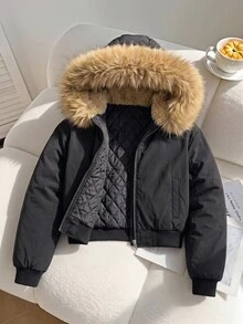 SHEIN 青少年女孩長袖抓絨時尚休閒街頭風寬鬆短版連帽填充外套，寬鬆舒適，秋冬日常通勤工作穿搭，黑色 - 彩色 - 查看 3