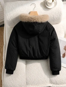 SHEIN 青少年女孩長袖抓絨時尚休閒街頭風寬鬆短版連帽填充外套，寬鬆舒適，秋冬日常通勤工作穿搭，黑色 - 彩色 - 查看 2