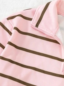 SHEIN 青少年女孩學院風街頭休閒粉棕色半拉鍊連帽衛衣 馬刺繡落肩長袖套頭上衣 畢業舞會秋季款 - 彩色 - 查看 4