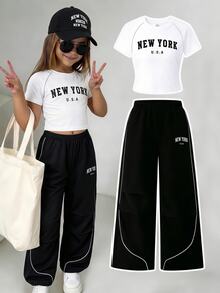 SHEIN 青少年女孩白色黑白上衣與多口袋工裝褲2件套，適合假期、學校、夏季運動與樂團穿著 - 彩色 - 查看 2
