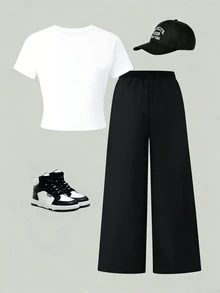 SHEIN 青少年女孩白色黑白上衣與多口袋工裝褲2件套，適合假期、學校、夏季運動與樂團穿著 - 彩色 - 查看 3