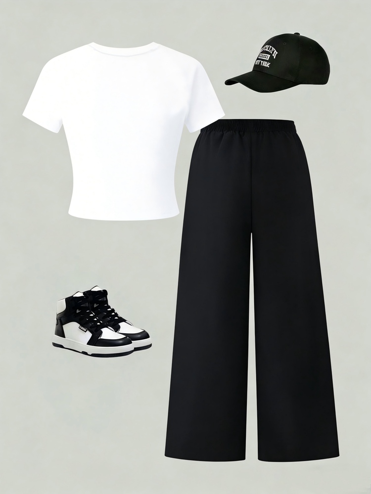 SHEIN Tween Girls White Black And White Top And Multi-Pocket Cargo Pants 2-Piece Set Holiday School Summer Athletic Band - Multicolor - View 3