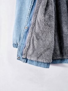SHEIN Elladie kids 女童休閒可愛酷女孩連帽丹寧厚外套，腰部抽繩設計，側斜口袋，彈性袖口，校園校外穿搭，淺藍色，秋季 - 淺藍色 - 查看 5