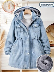 SHEIN Elladie kids 女童休閒可愛酷女孩連帽丹寧厚外套，腰部抽繩設計，側斜口袋，彈性袖口，校園校外穿搭，淺藍色，秋季 - 淺藍色 - 查看 4