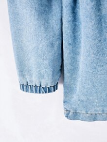 SHEIN Elladie kids 女童休閒可愛酷女孩連帽丹寧厚外套，腰部抽繩設計，側斜口袋，彈性袖口，校園校外穿搭，淺藍色，秋季 - 淺藍色 - 查看 7