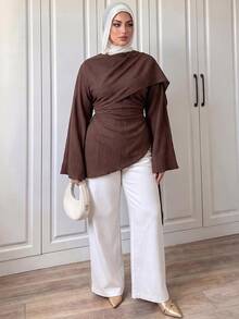 Elenzga Women Plus Size Elegant Commute Waist-Cinching Long Sleeve A-Line Dress - Brown - View 7