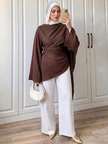 Elenzga Women Plus Size Elegant Commute Waist-Cinching Long Sleeve A-Line Dress - Brown - View 5