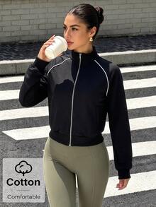 Pariaura Women's Striped Contrast Color Zipper Long Sleeve Sports Jacket - Black - View 4