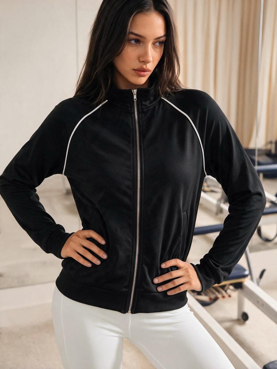 Pariaura Women's Striped Contrast Color Zipper Long Sleeve Sports Jacket - Black - View 1